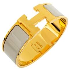 Pre Owned Hermès Clic Clac H Cream Enamel Gold Plated Wide Bracelet PM