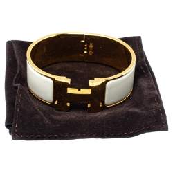 Pre Owned Hermès Clic Clac H Cream Enamel Gold Plated Wide Bracelet PM