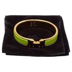 Pre Owned Hermès Clic H Lime Green Enamel Gold Plated Narrow Bracelet PM