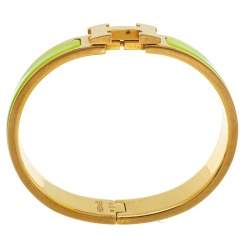 Pre Owned Hermès Clic H Lime Green Enamel Gold Plated Narrow Bracelet PM