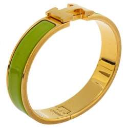 Pre Owned Hermès Clic H Lime Green Enamel Gold Plated Narrow Bracelet PM