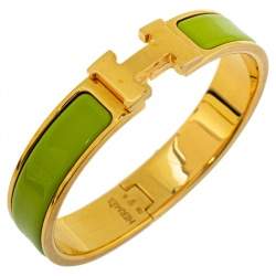 Pre Owned Hermès Clic H Lime Green Enamel Gold Plated Narrow Bracelet PM