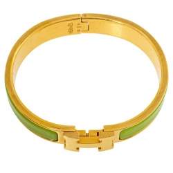 Pre Owned Hermès Clic H Lime Green Enamel Gold Plated Narrow Bracelet PM