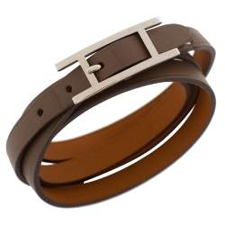 Pre Owned Hermès Taupe Leather Hapi Quad Tour Wrap Bracelet M