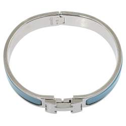 Pre Owned Hermès Clic H Blue Enamel Palladium Plated Narrow Bracelet PM