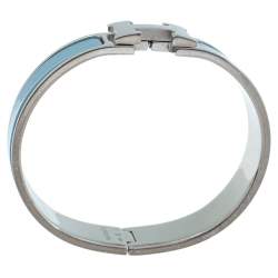 Pre Owned Hermès Clic H Blue Enamel Palladium Plated Narrow Bracelet PM