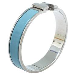 Pre Owned Hermès Clic H Blue Enamel Palladium Plated Narrow Bracelet PM