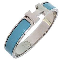 Pre Owned Hermès Clic H Blue Enamel Palladium Plated Narrow Bracelet PM