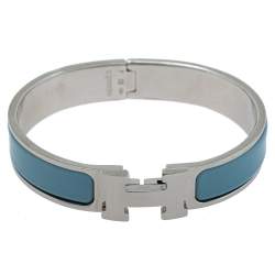 Pre Owned Hermès Clic H Blue Enamel Palladium Plated Narrow Bracelet PM