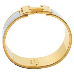 Pre Owned Hermès Clic Clac H White Enamel Gold Plated Wide Bracelet PM