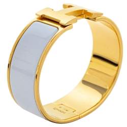 Pre Owned Hermès Clic Clac H White Enamel Gold Plated Wide Bracelet PM