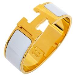 Pre Owned Hermès Clic Clac H White Enamel Gold Plated Wide Bracelet PM