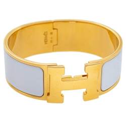 Pre Owned Hermès Clic Clac H White Enamel Gold Plated Wide Bracelet PM