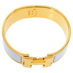 Pre Owned Hermès Clic Clac H White Enamel Gold Plated Wide Bracelet PM