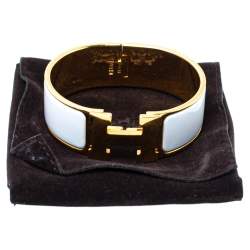 Pre Owned Hermès Clic Clac H White Enamel Gold Plated Wide Bracelet PM