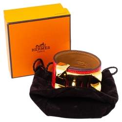 Pre Owned Hermès Collier de Chien Red Alligator Leather Gold Plated Cuff Bracelet S