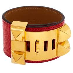 Pre Owned Hermès Collier de Chien Red Alligator Leather Gold Plated Cuff Bracelet S