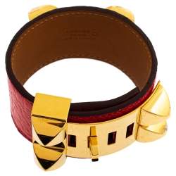 Pre Owned Hermès Collier de Chien Red Alligator Leather Gold Plated Cuff Bracelet S
