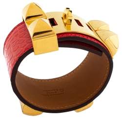 Pre Owned Hermès Collier de Chien Red Alligator Leather Gold Plated Cuff Bracelet S