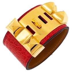Pre Owned Hermès Collier de Chien Red Alligator Leather Gold Plated Cuff Bracelet S