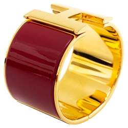 Pre Owned Hermès Clic Clac H Red Enamel Gold Plated Extra Wide Bracelet
