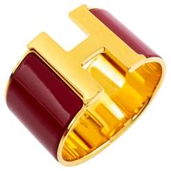 Pre Owned Hermès Clic Clac H Red Enamel Gold Plated Extra Wide Bracelet