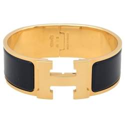 Hermes Clic Clac H Blue Enamel Gold Plated Bracelet PM