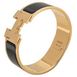 Pre Owned Hermes Clic Clac H Black Enamel Gold Plated Bracelet PM