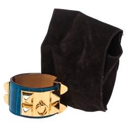 Pre Owned Hermès Blue Alligator Leather Collier de Chien Cuff Bracelet S