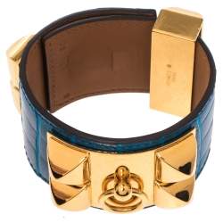 Pre Owned Hermès Blue Alligator Leather Collier de Chien Cuff Bracelet S