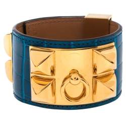 Pre Owned Hermès Blue Alligator Leather Collier de Chien Cuff Bracelet S