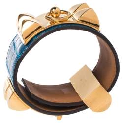 Pre Owned Hermès Blue Alligator Leather Collier de Chien Cuff Bracelet S