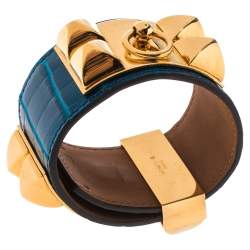 Pre Owned Hermès Blue Alligator Leather Collier de Chien Cuff Bracelet S