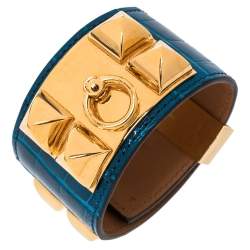 Pre Owned Hermès Blue Alligator Leather Collier de Chien Cuff Bracelet S