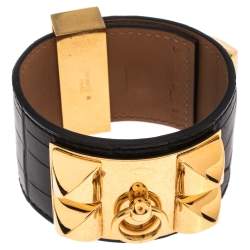 Pre Owned Hermès Black Alligator Leather Collier de Chien Cuff Bracelet S