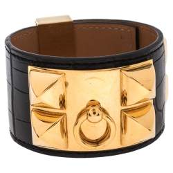 Pre Owned Hermès Black Alligator Leather Collier de Chien Cuff Bracelet S