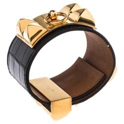Pre Owned Hermès Black Alligator Leather Collier de Chien Cuff Bracelet S