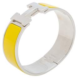 Pre Owned Hermès Clic Clac H Yellow Enamel Palladium Plated Wide Bracelet PM