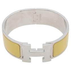 Pre Owned Hermès Clic Clac H Yellow Enamel Palladium Plated Wide Bracelet PM