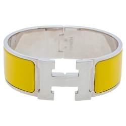Pre Owned Hermès Clic Clac H Yellow Enamel Palladium Plated Wide Bracelet PM
