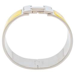 Pre Owned Hermès Clic Clac H Yellow Enamel Palladium Plated Wide Bracelet PM