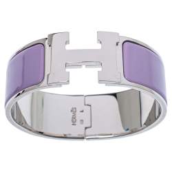Pre Owned Hermès Clic Clac H Lavender Enamel Palladium Plated Wide Bracelet PM