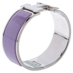 Pre Owned Hermès Clic Clac H Lavender Enamel Palladium Plated Wide Bracelet PM
