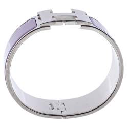 Pre Owned Hermès Clic Clac H Lavender Enamel Palladium Plated Wide Bracelet PM