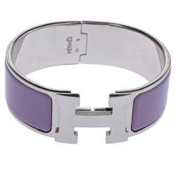 Pre Owned Hermès Clic Clac H Lavender Enamel Palladium Plated Wide Bracelet PM