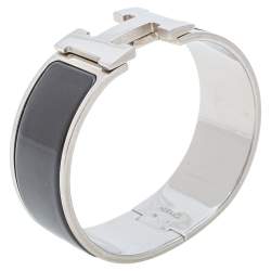 Pre Owned Hermès Clic Clac H Black Enamel Palladium Plated Wide Bracelet PM