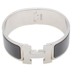 Pre Owned Hermès Clic Clac H Black Enamel Palladium Plated Wide Bracelet PM