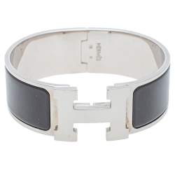 Pre Owned Hermès Clic Clac H Black Enamel Palladium Plated Wide Bracelet PM