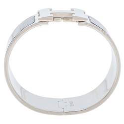 Pre Owned Hermès Clic Clac H Black Enamel Palladium Plated Wide Bracelet PM