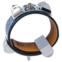 Hermès Blue Alligator Leather Collier de Chien Cuff Bracelet S